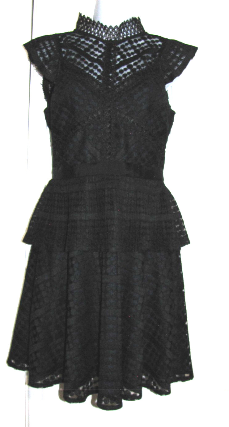 Adelyn Rae Knee Dress black lace over navy Peplum cap sleeve Wm. Tag:S fits XS