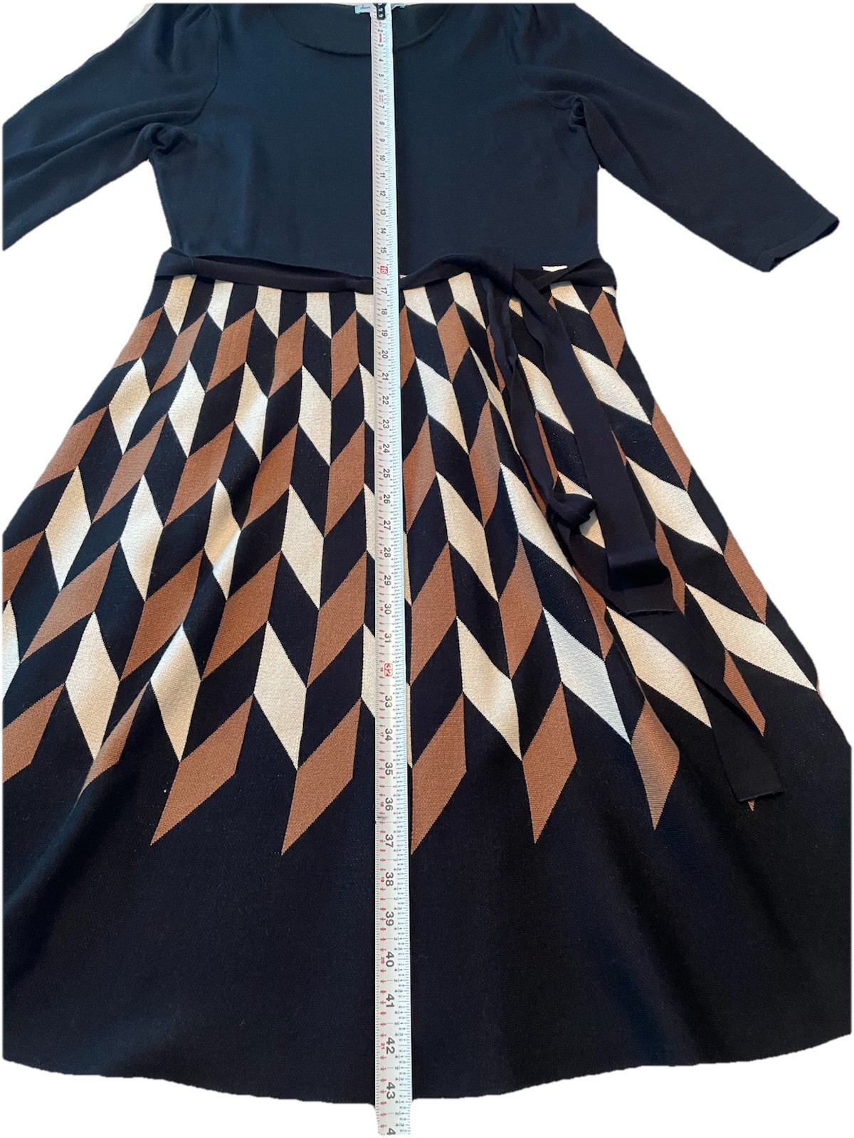 DANNY & NICOLE Black/Cream/Tan Geometric 3/4 Sleeve Belt Sweater Dress Sz L