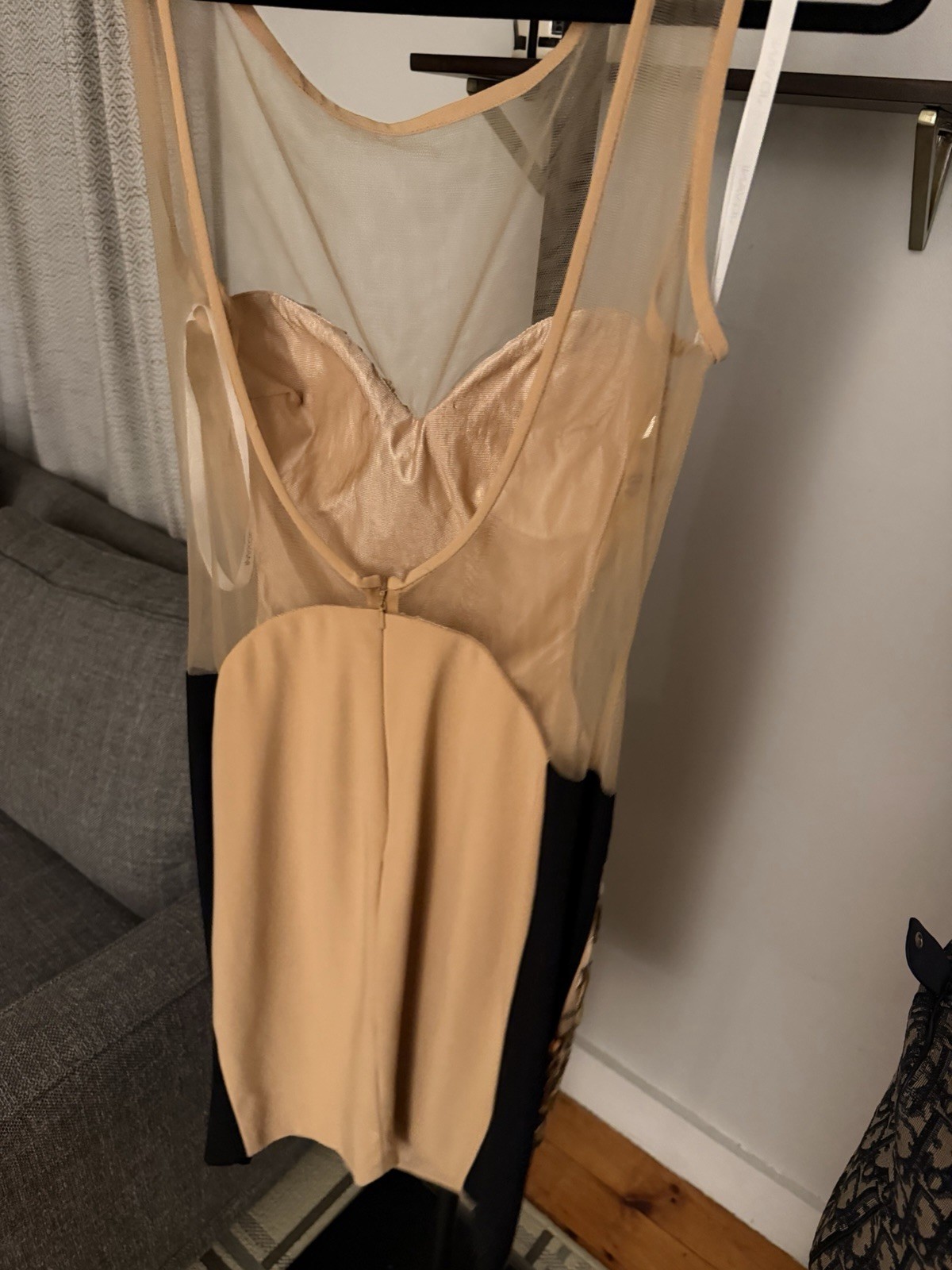 Jovani Beige/Gold Beaded Mesh Sweetheart Bodycon Knee Dress Size 12