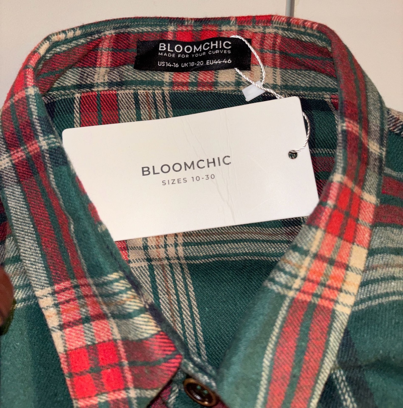 BloomChic Plaid Button Detail Pocket Belted Arc Hem Shirt Dress