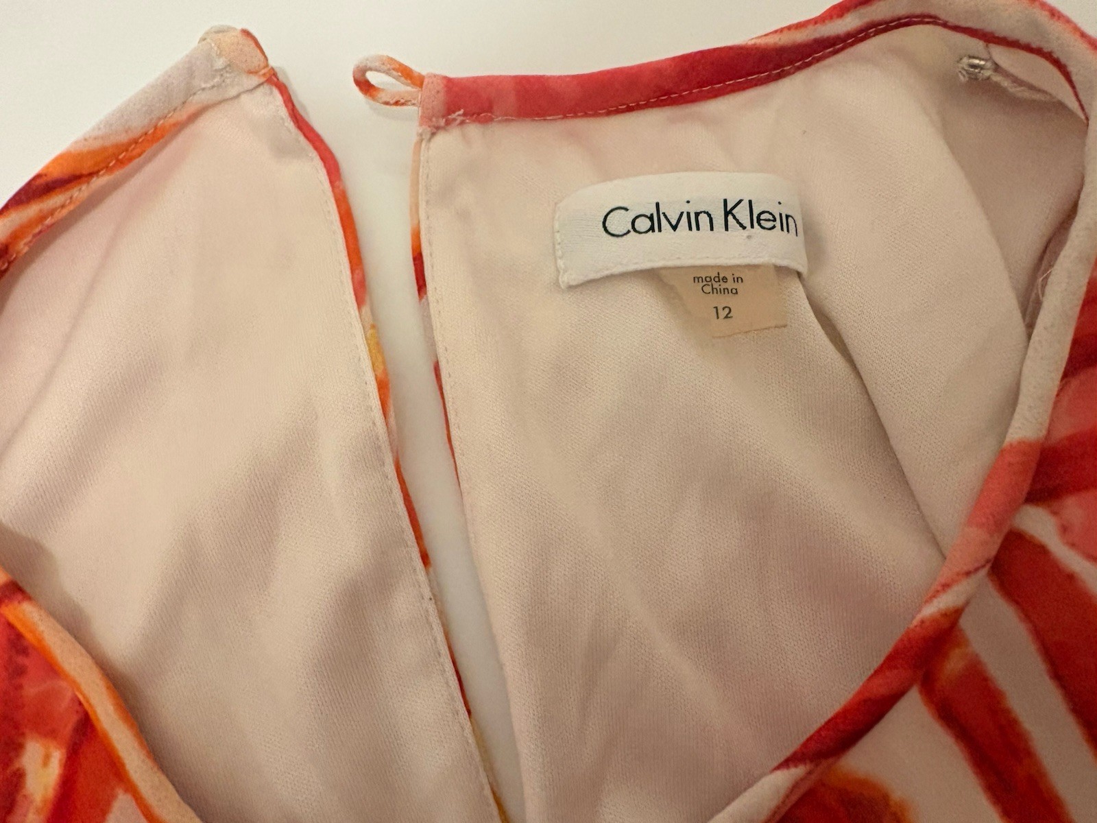 Calvin Klein Tropical Palm Print Sleeveless Dress Size 12 Orange Pink Trapeze