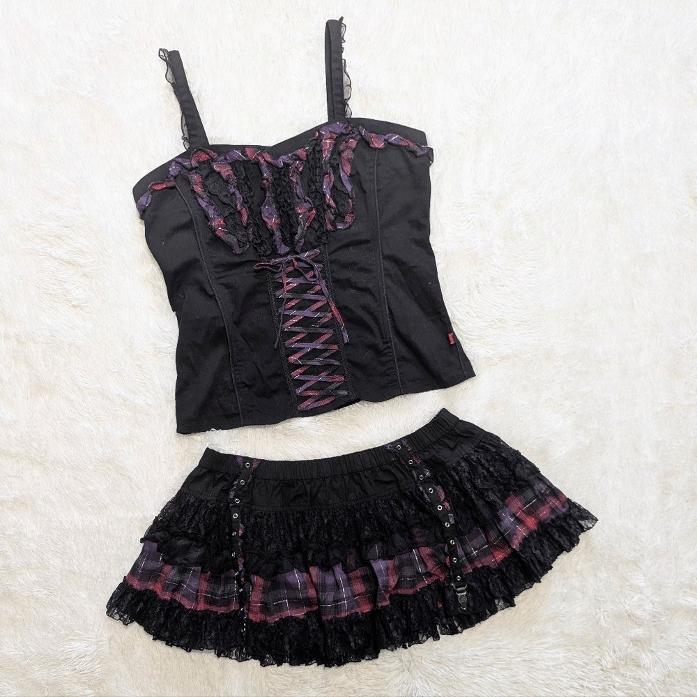 Y2K Tripp 2 Piece Corset & Garter Mini Skirt Set Metallic Purple Plaid Trim Goth