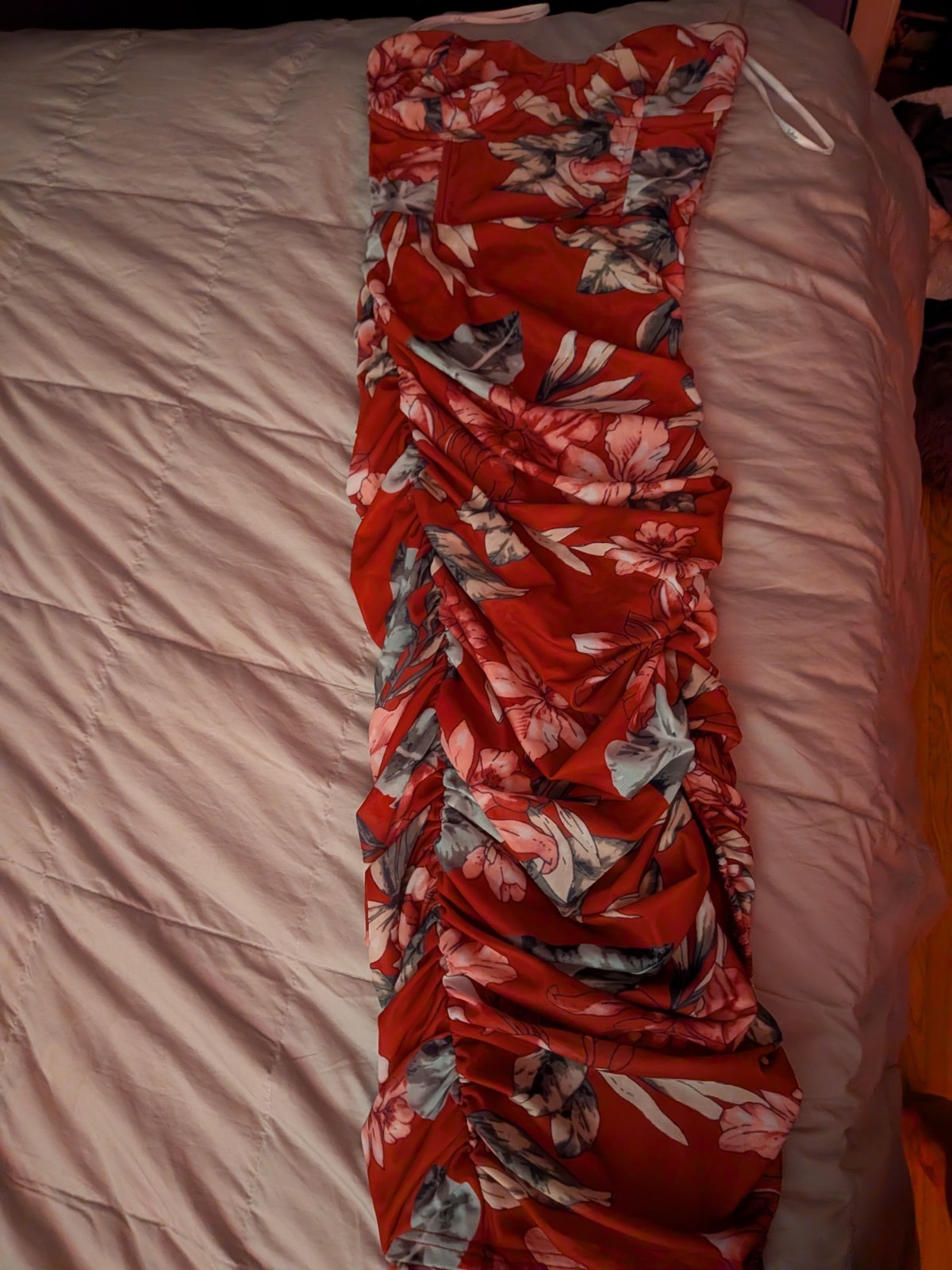 Lulus XS Red Floral Strapless Sweetheart Ruched Bodycon Midi Party Dress
