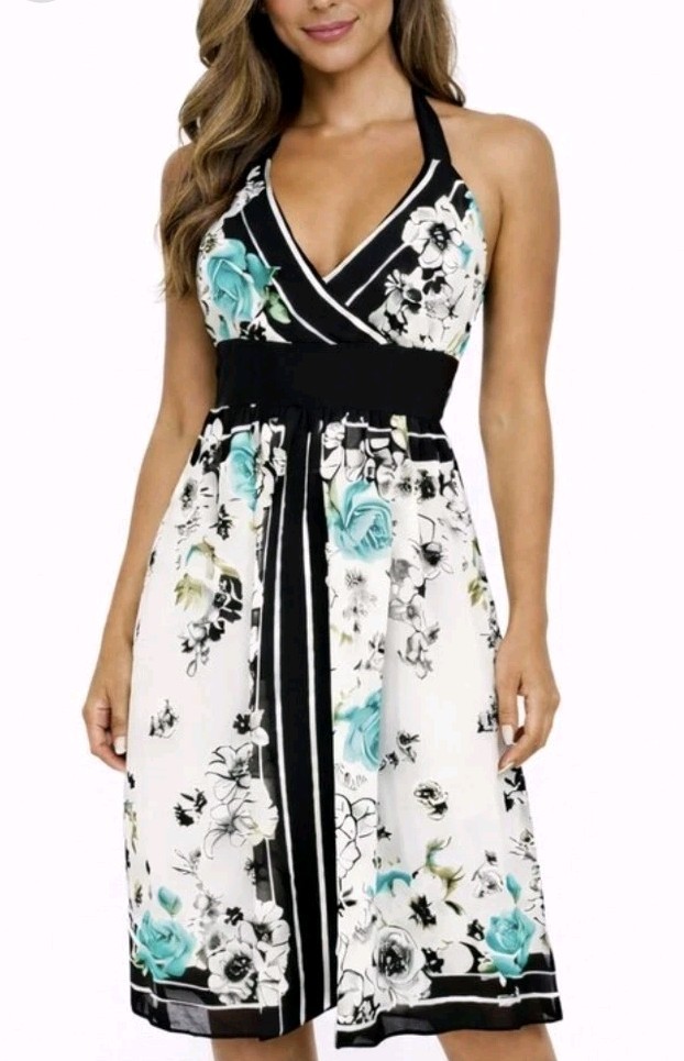 Trixxi Ivory/Black Floral Halter Sundress Juniors Sz 7 Feminine Gift Resort Y2K