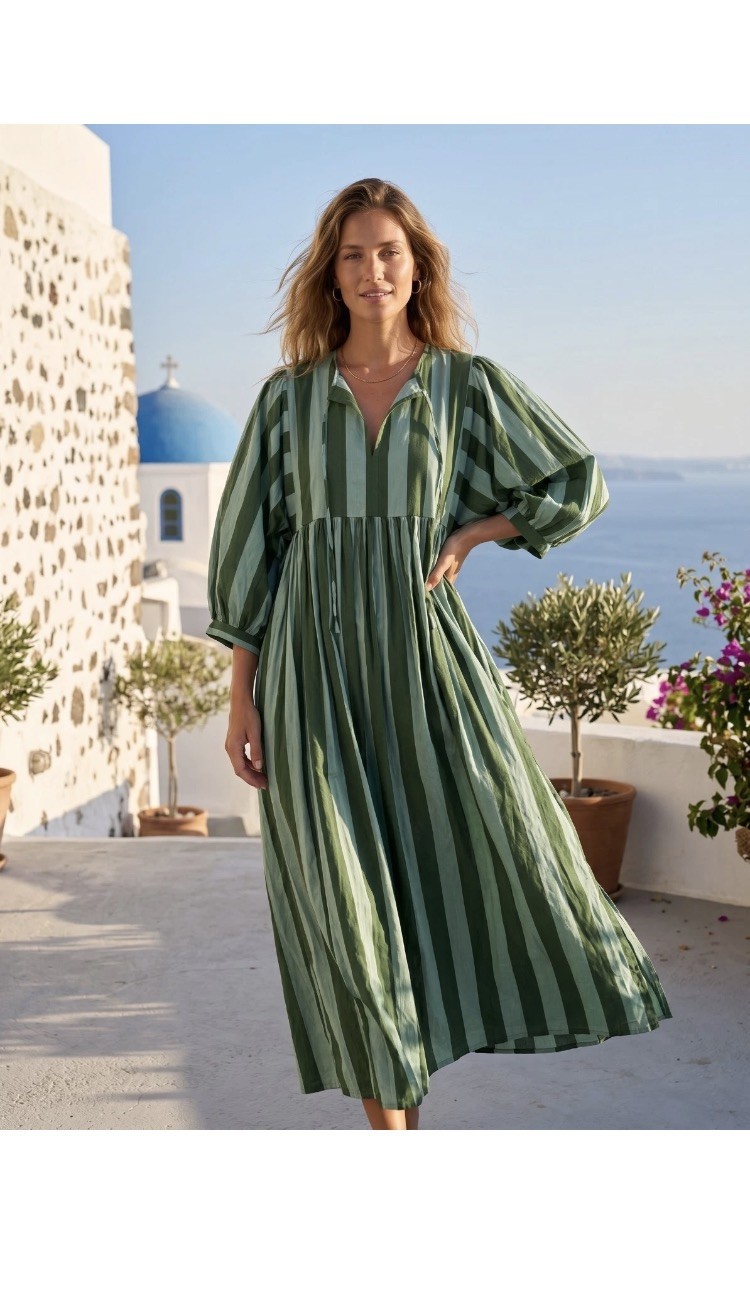 Green Striped Cotton Maxi Dress, Handmade Balloon Sleeve, Loose Fit Resort Wear,