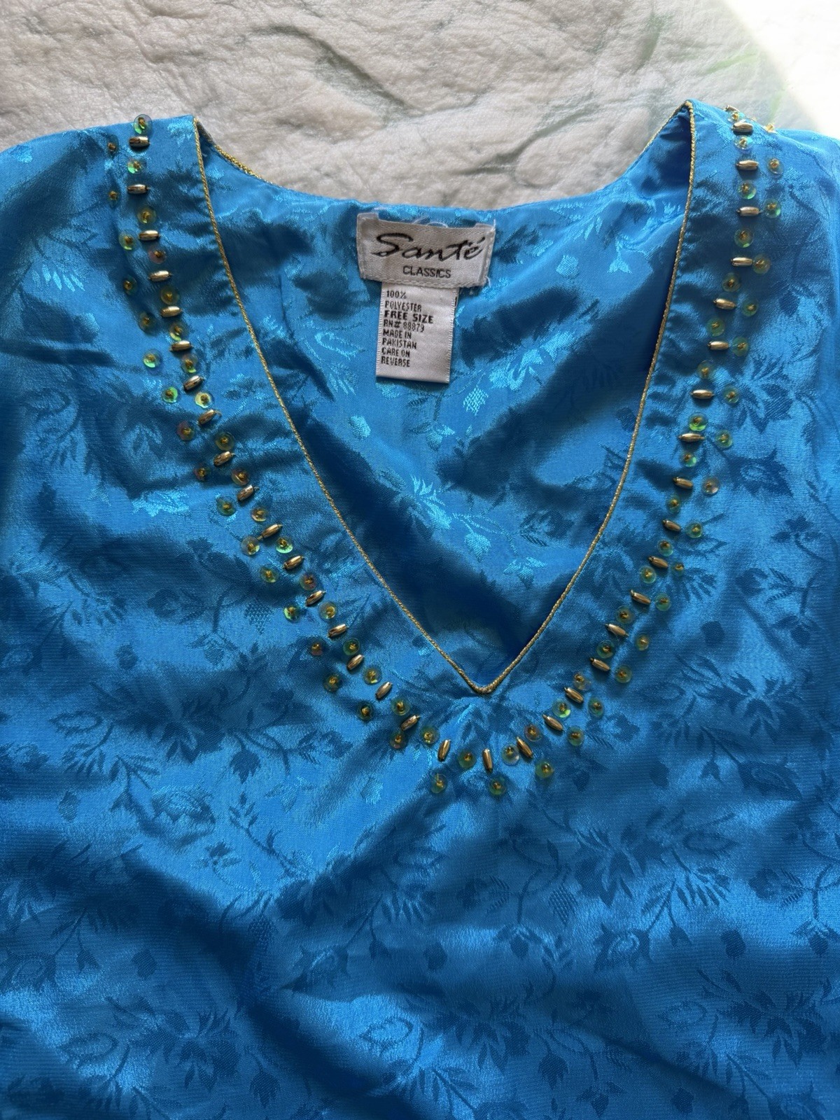 Sante Kaftan Muu Muu Maxi / Cover Up Blue satin Jacquard Beaded Dress One Size