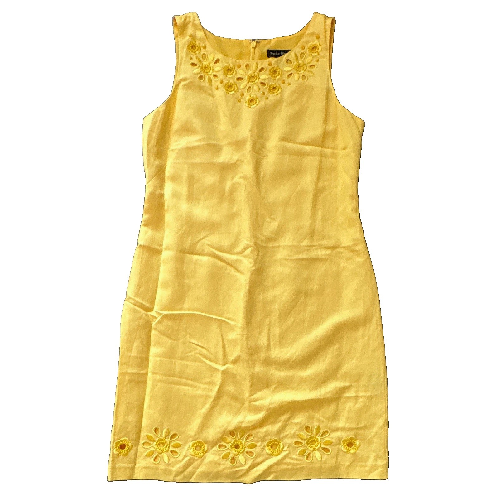 Jessica Howard Yellow Sheath Dress Linen Blend Knee Length Scoop Neck Lined 10