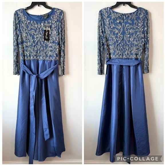 Pisarro Nights Beaded Bodice Taffeta Gown Blue 8