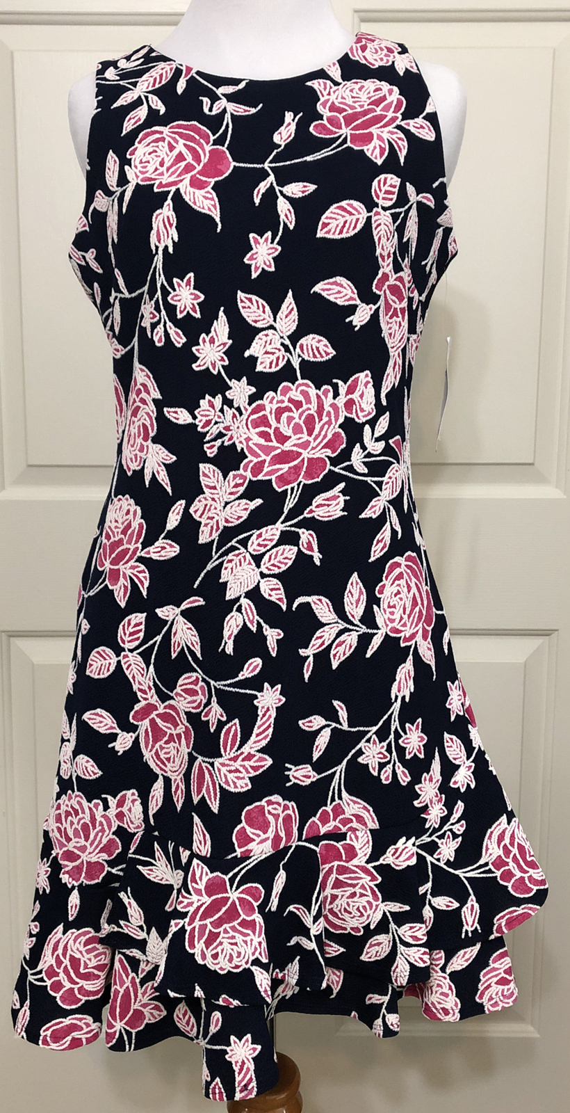 NWT Signature Robbie Bee size PM navy pink white sleeveless floral ruffle dress