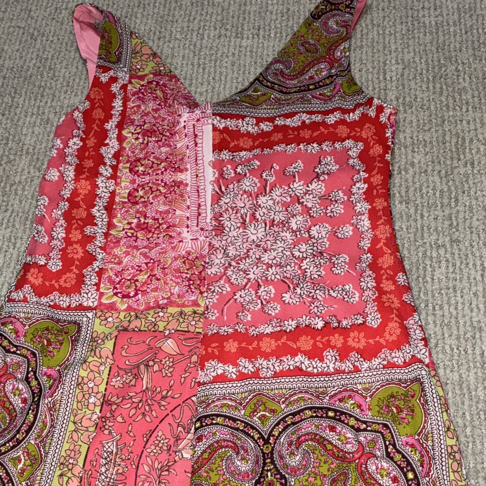 Xhilaration Patchwork pattern V-Neck Maxi Dress S Pink/Red/Green Lace
