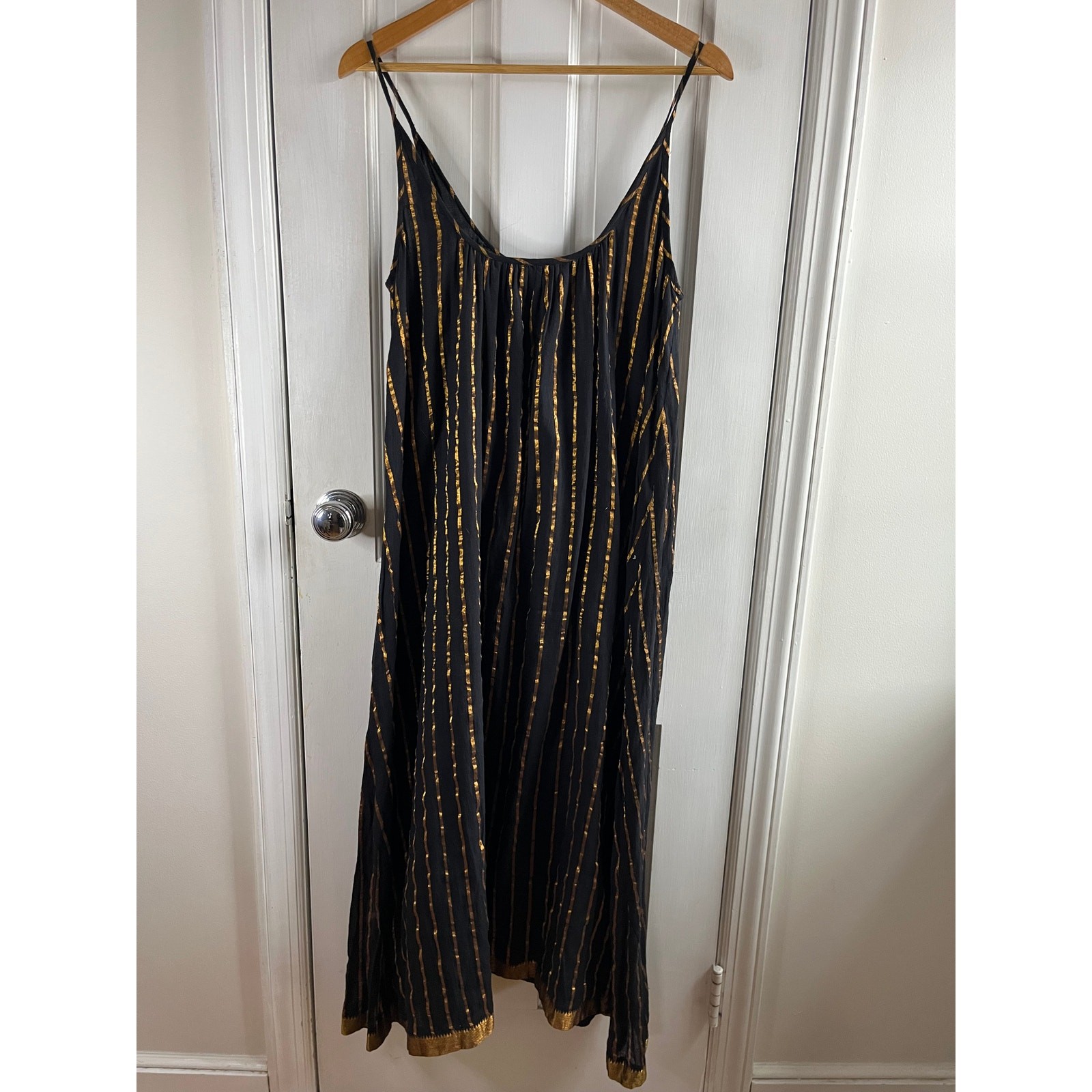 Aish Sultan Black & Gold Striped Slip Dress Maxi One Size OS Boho Luxury
