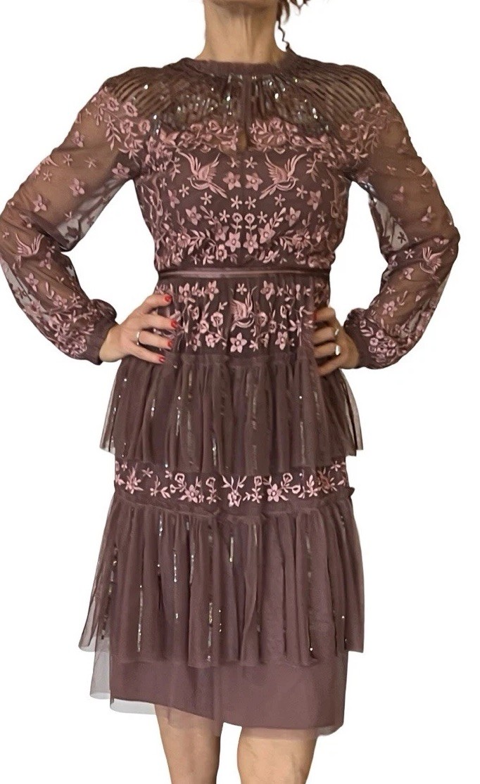 Needle and Thread Sequin Embroidered Tiered Dress sheer long sleeves 0 READ