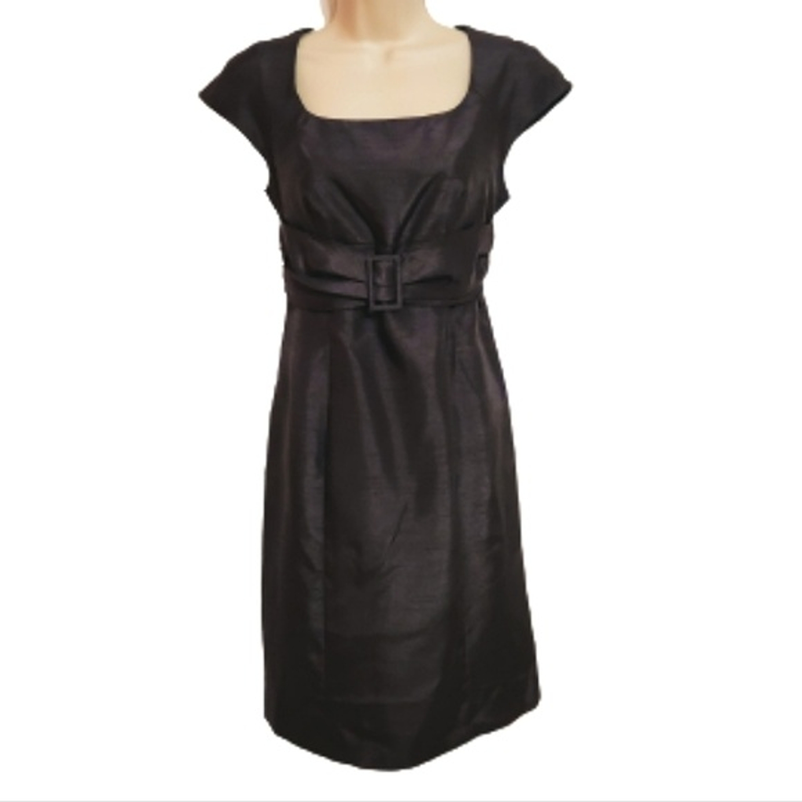 Madison Leigh Petite | Elegant Belted Tailored Cocktail Pencil Dress Grey 4 P