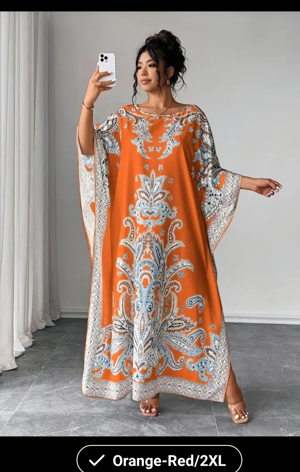 Orange White Blue Paisley Long Kaftan Dress Kimono Sleeve Round Neck 2XL