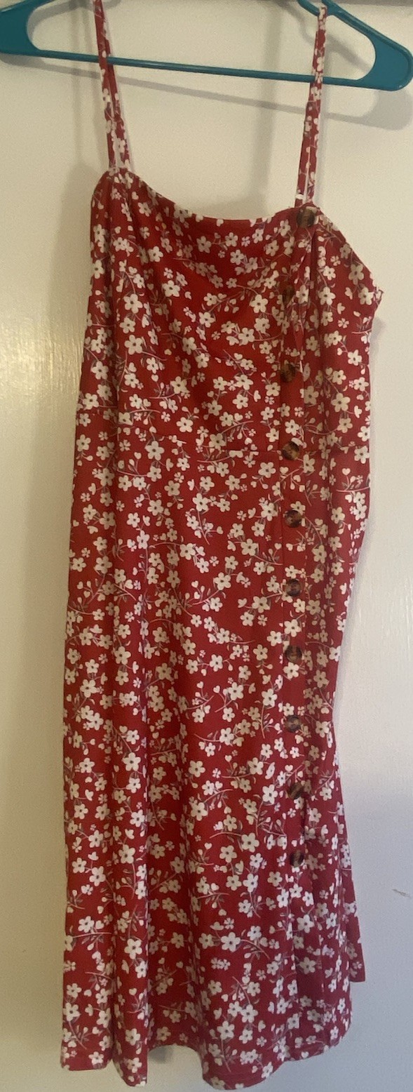 Liyinxi Red White Floral Long Sundress Sleeveless Straps Square Neck Size L