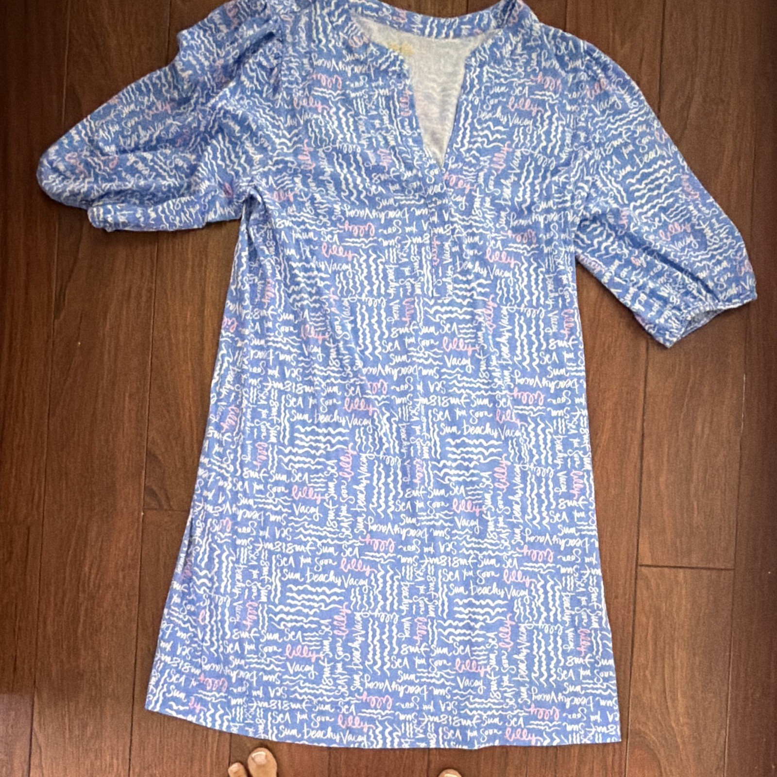 Lilly Pulitzer Knit Cotton Shift Dress L V-Neck Pockets Blue/White/Pink Ruffle