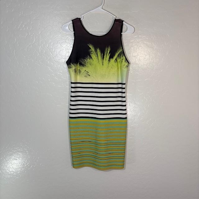 Clover Canyon Dress Womens Medium Black Green Palm Stripe Bodycon Sleeveless