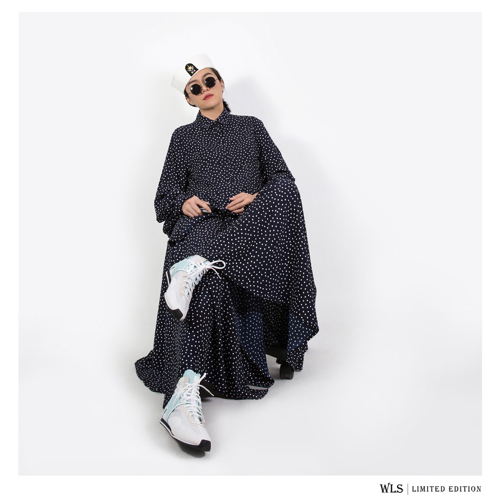 NAVY POLKA DOT – BALLOON SLEEVE SHIRT & MAXI SKIRT