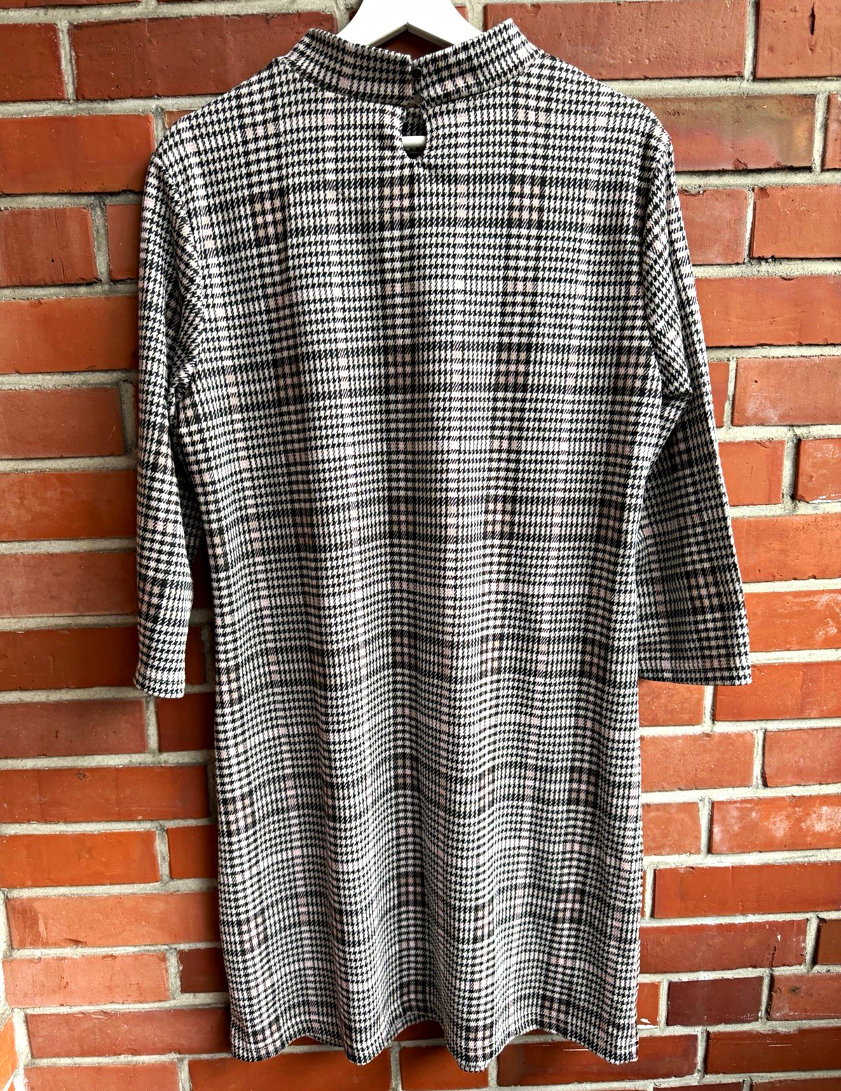Womens Sheath Dress L Plaid Black/White Knee Length 3/4 Sleeve Round Neck