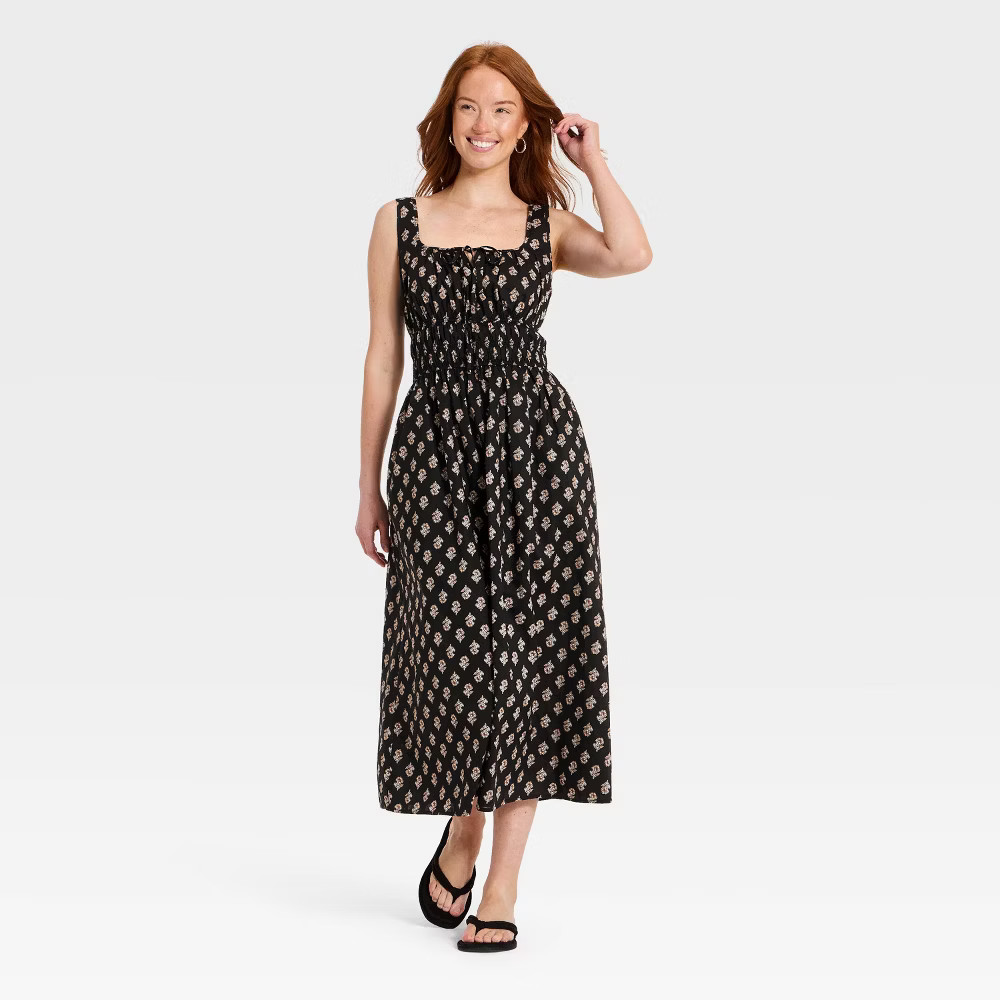 Women Cotton Midi Pullover Sundress – Universal Thread Black Floral L