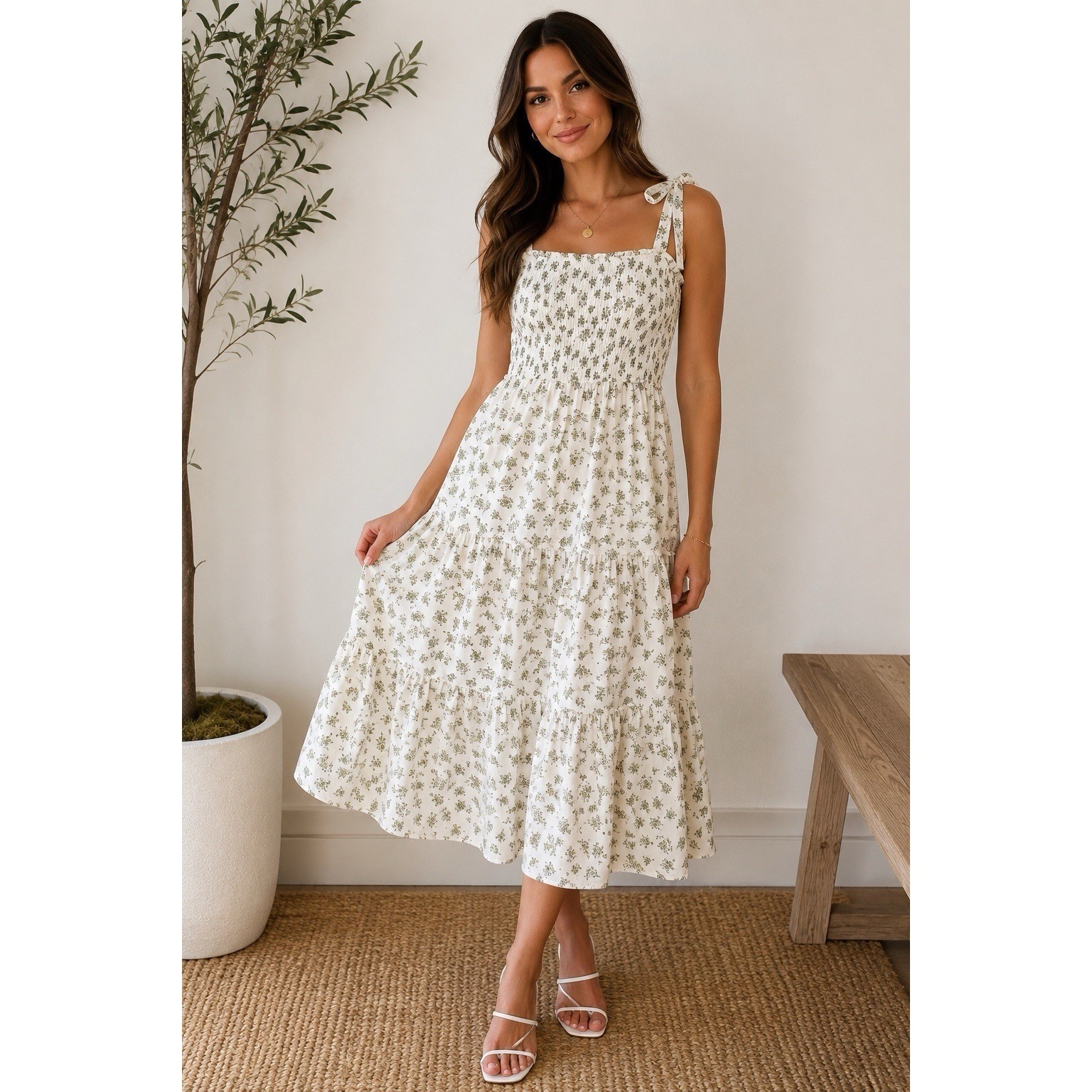 Celebrity Pink Women’s Floral Smocked Midi Dress White Green Tie Strap Size M