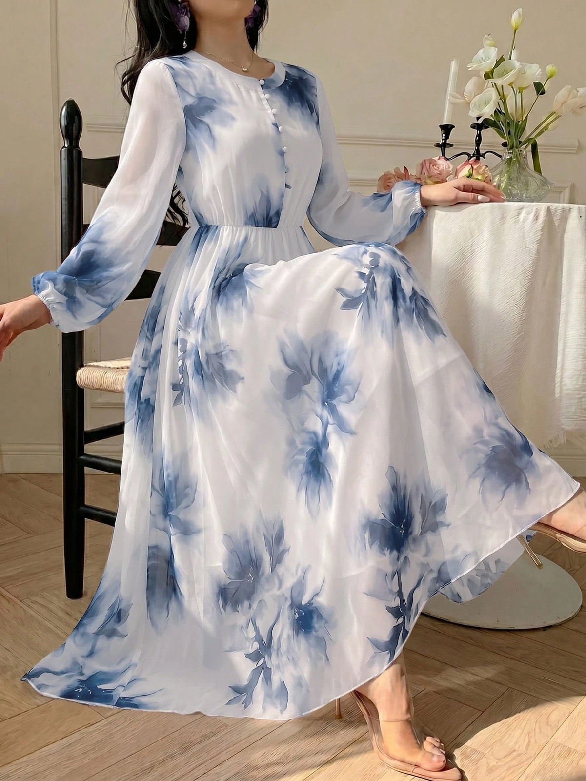 Elegant Floral Long Sleeve Chiffon Dress