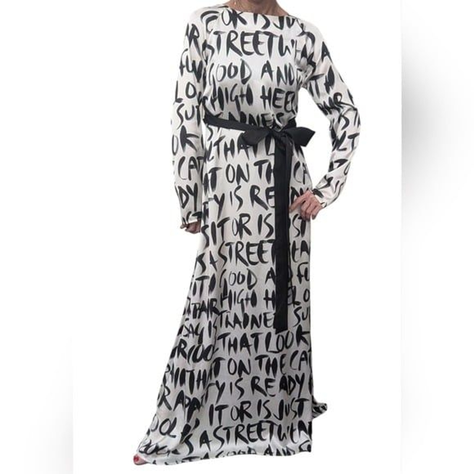 Locker Room Black White Graphic Print Open Back Belted Maxi Dress