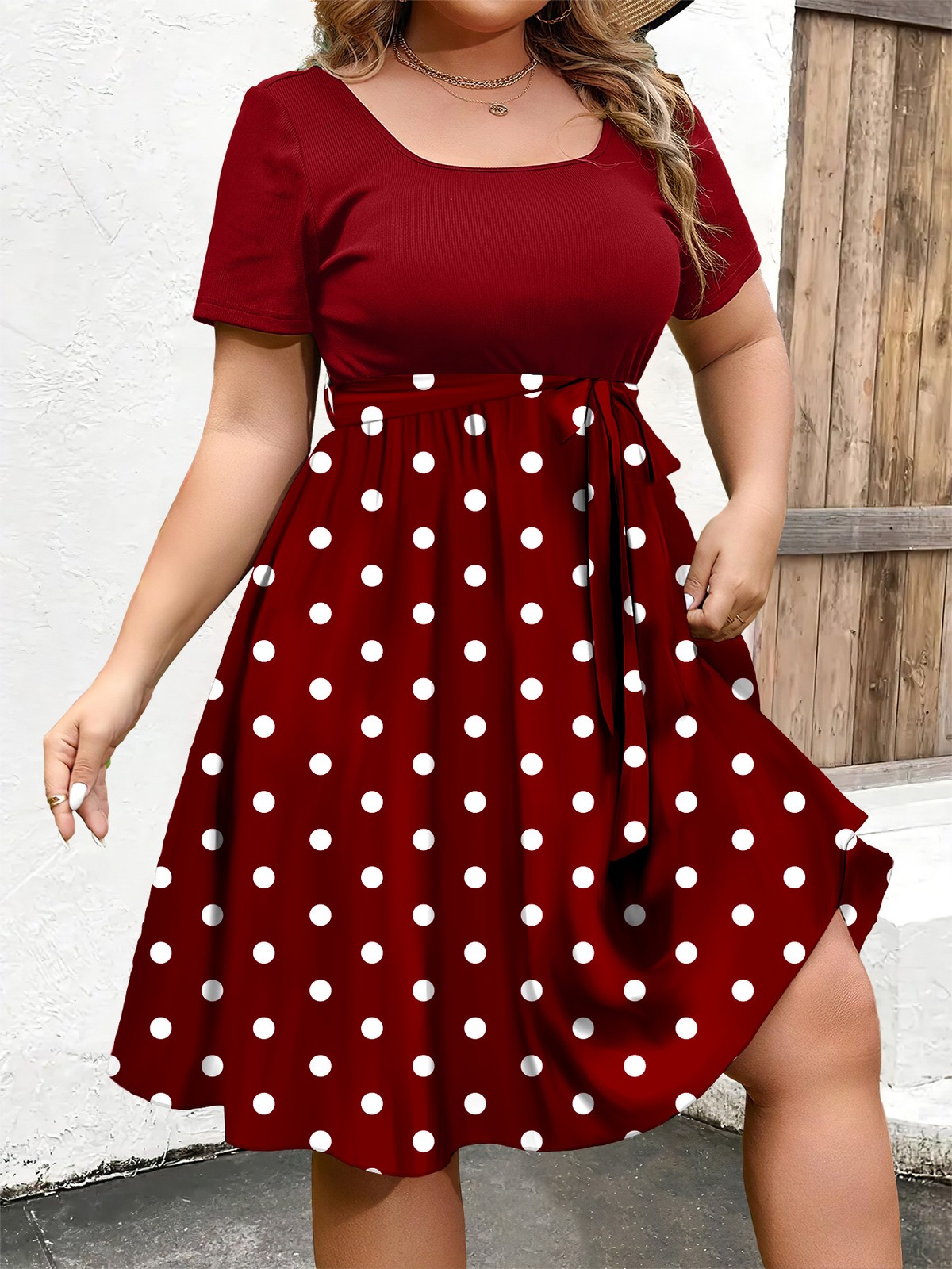Women Plus Size Elegant Polka Dot Dress Short Sleeve Casual Dress 0XL-4XL