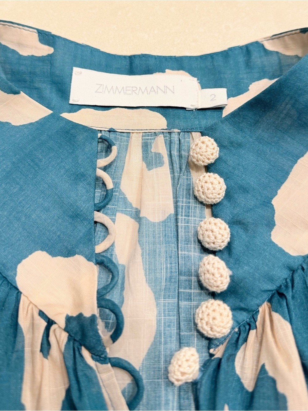Zimmermann Teal & Light Beige Patterned Cotton Dress Sleeveless Crochet