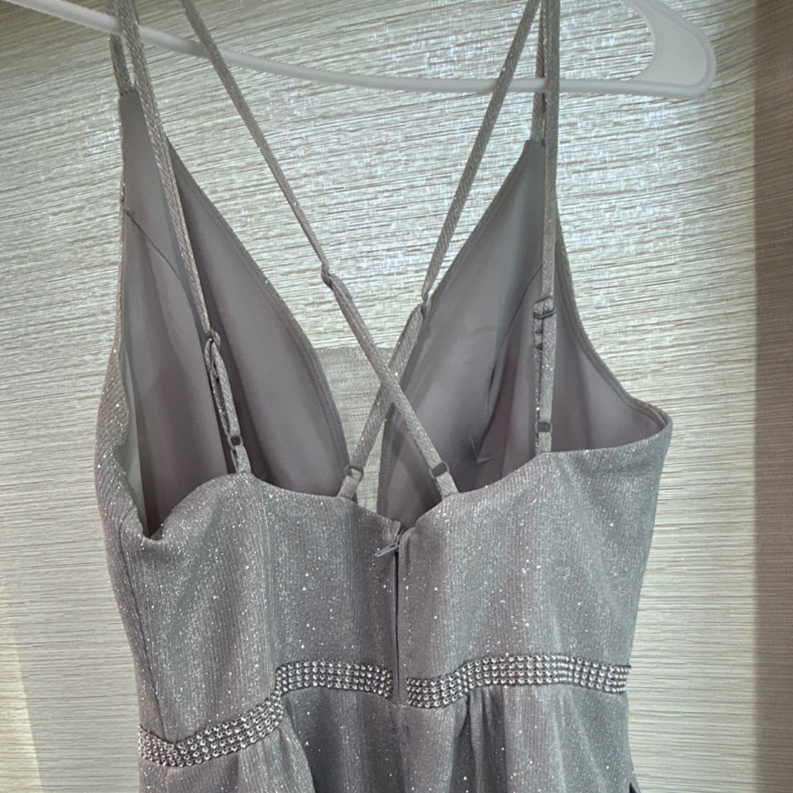 Crystal Doll Silver Satin Glitter Beaded Strappy Long Gown Dress Size 5 V-Neck
