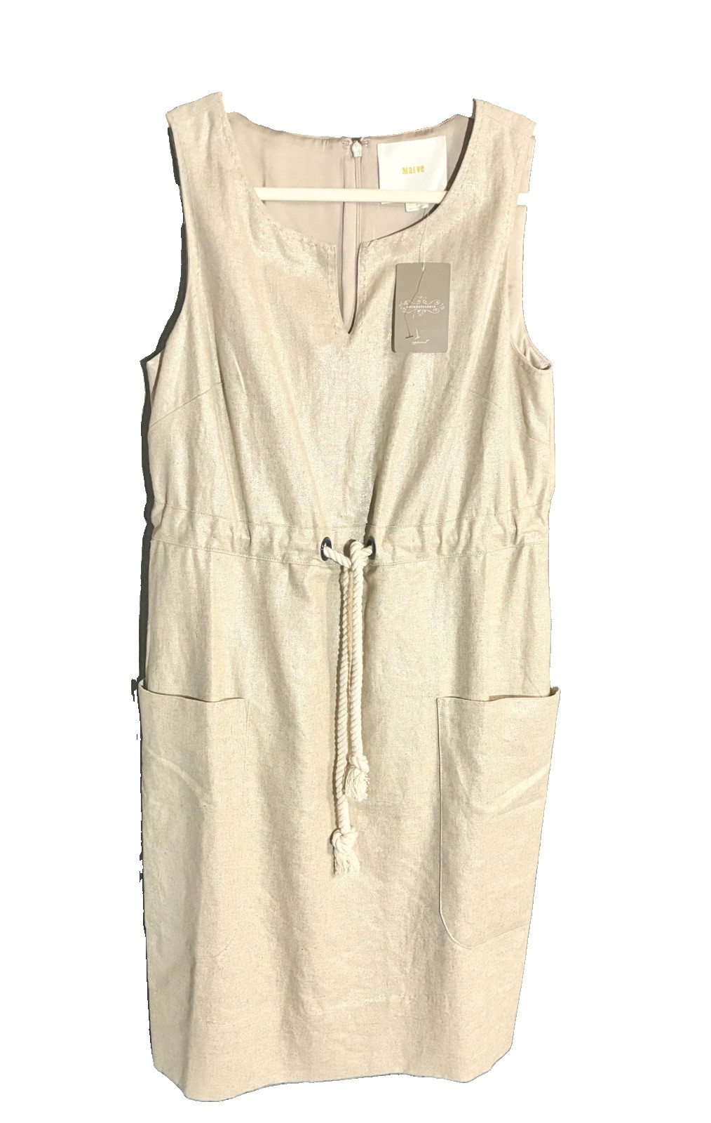 Maeve Linen Cotton Sand Shift Dress Sz 4 Rope Belt Patch Pockets Lined NEW W/tag