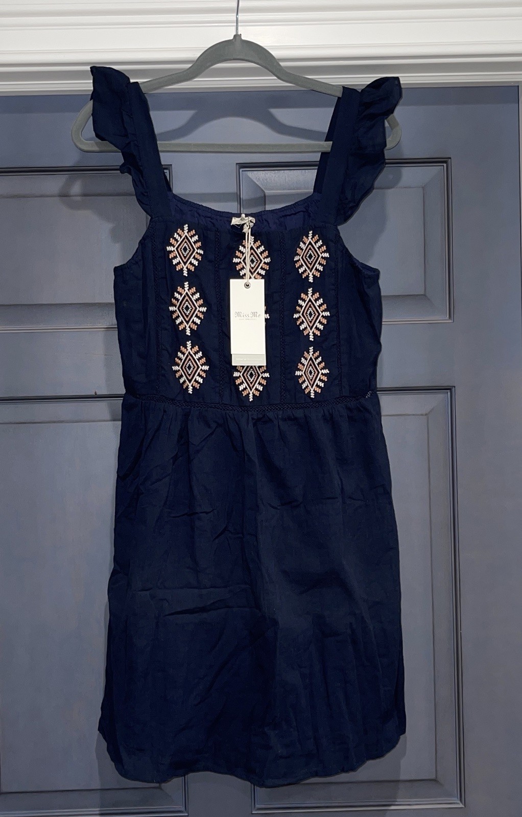 Miss Me Navy Boho Embroidered Ruffle Strap Mini Dress‎ Women’s Small Lined NWT