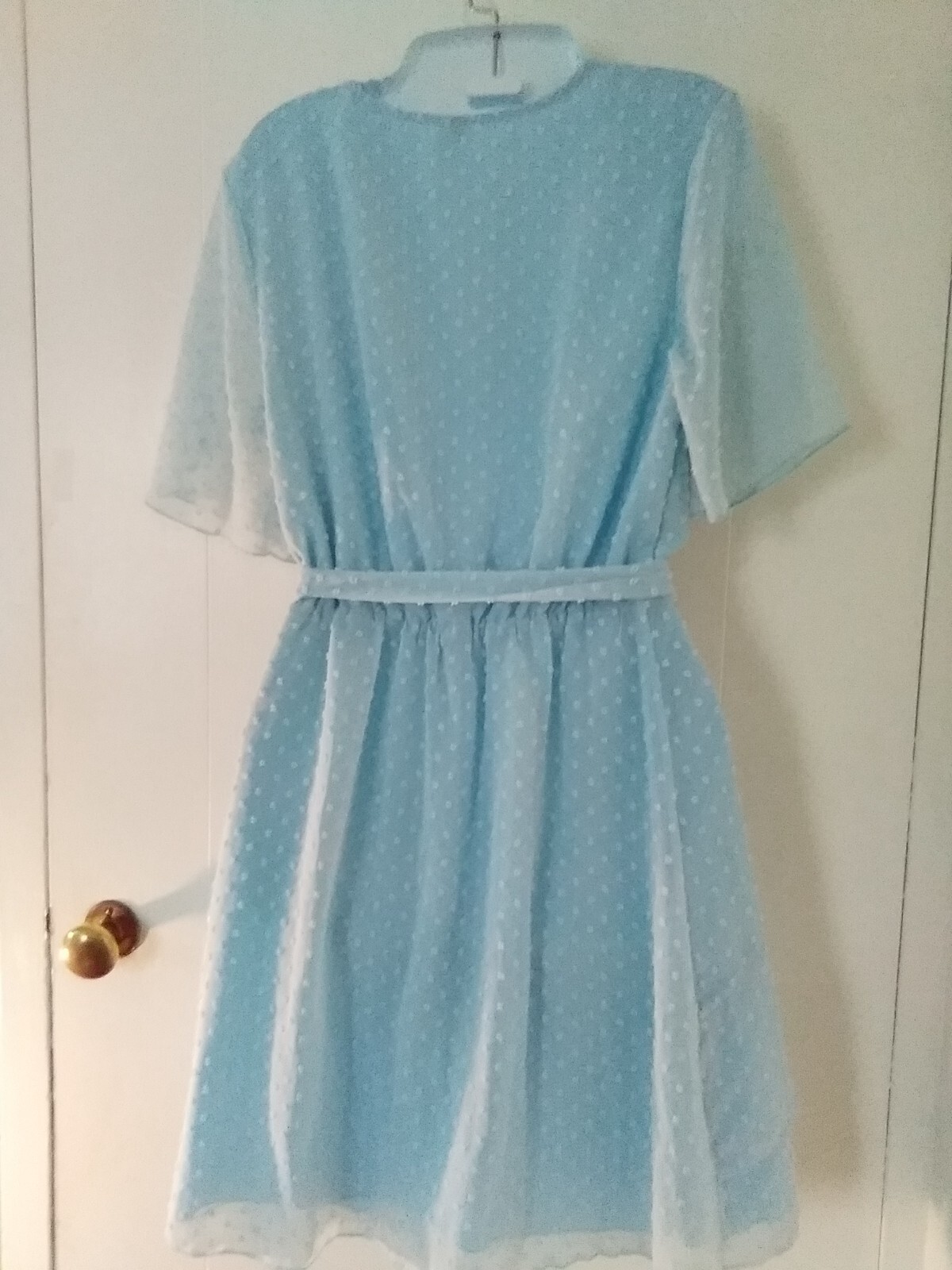 Textured Light Blue Layer Ruffle Dress Short Sleeves Tie Belt Small
