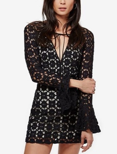 Free People OB545451 Back to Black Lace/Nude Bell Sleeve Mini Dress, 0 – $168