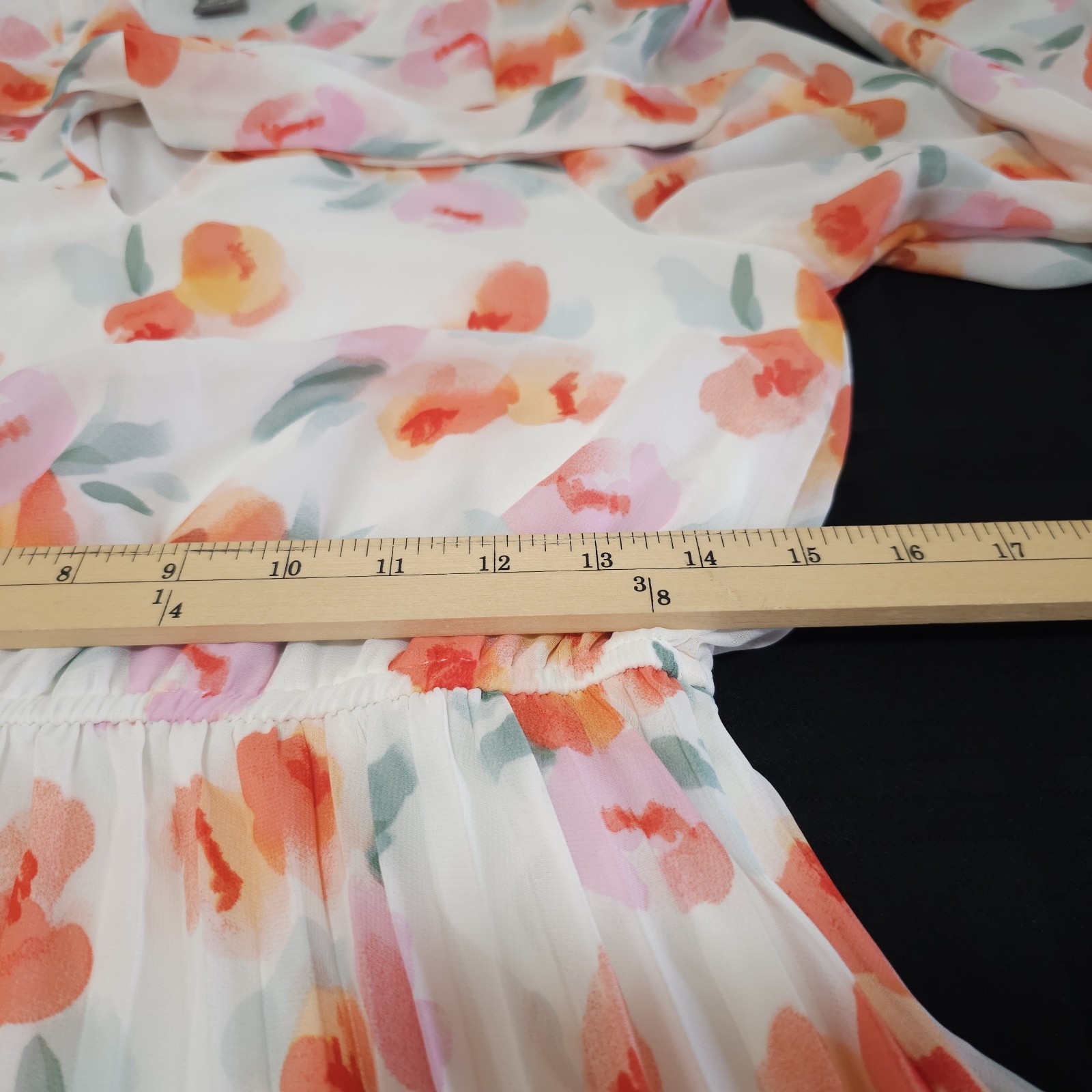 NEW Lark + Grey MEDIUM PLEATED Blouson Midi Dress Orange White Floral Tie Neck