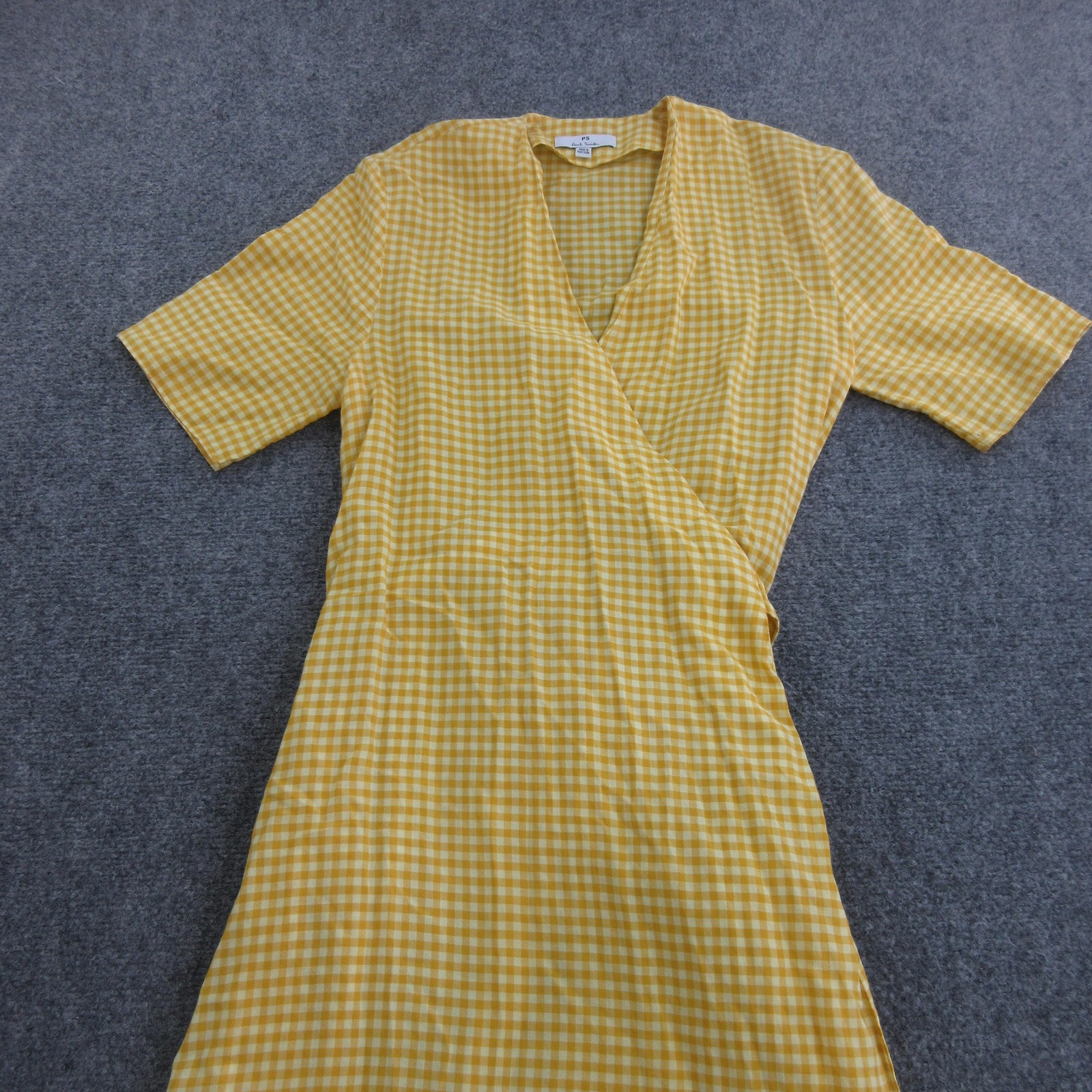 PS Paul Smith Dress Womens 38 Yellow Cotton Gingham Wrap Midi V Neck Belted