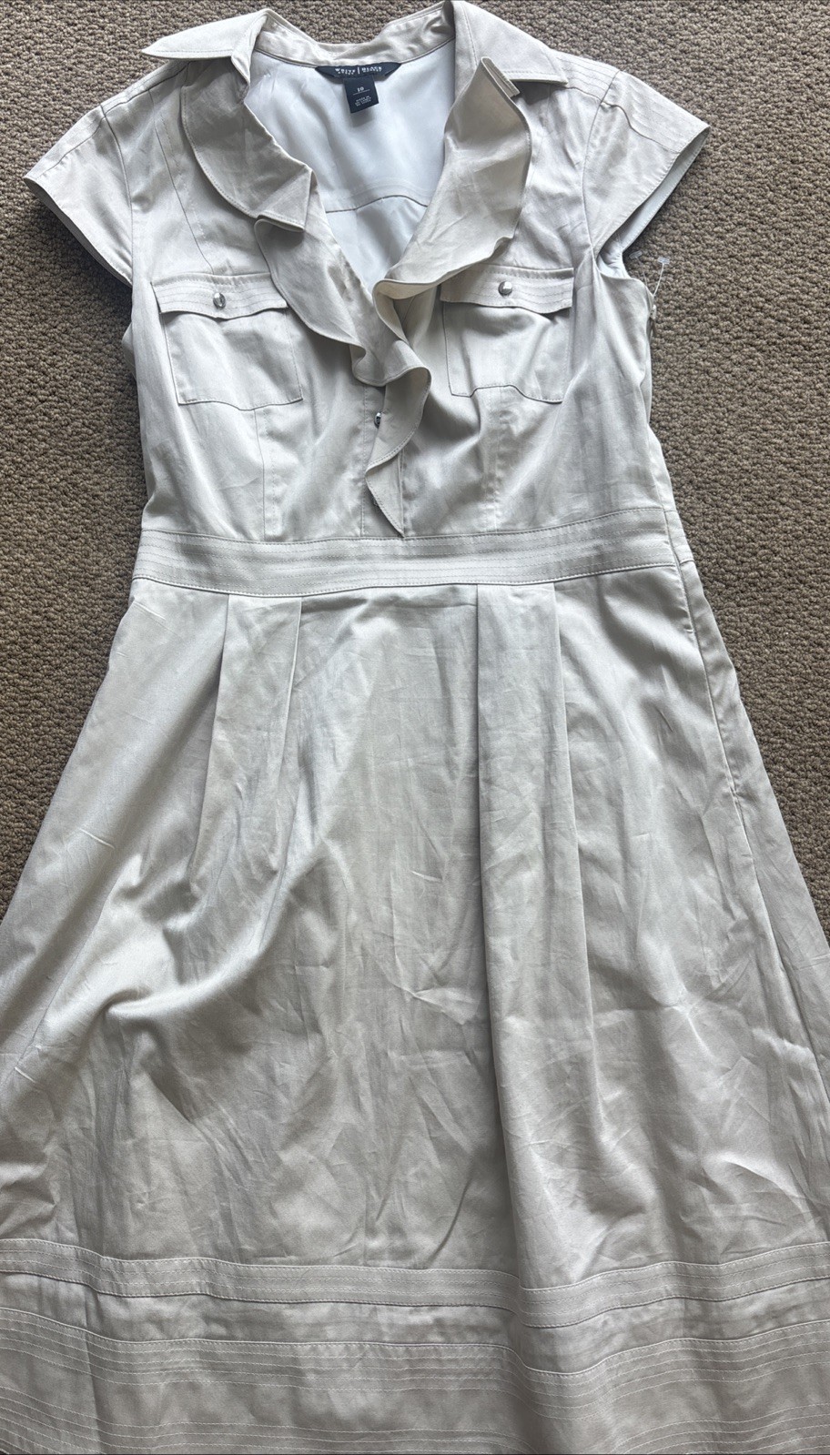 White House Black Market Beige Ruffle Collared Shirt Dress Size 10