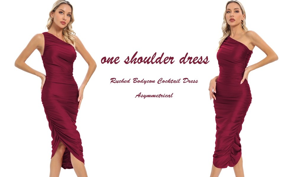Capuffy Women’s One Shoulder Pencil Dress Ruched Bodycon Dresses MED Wine Red