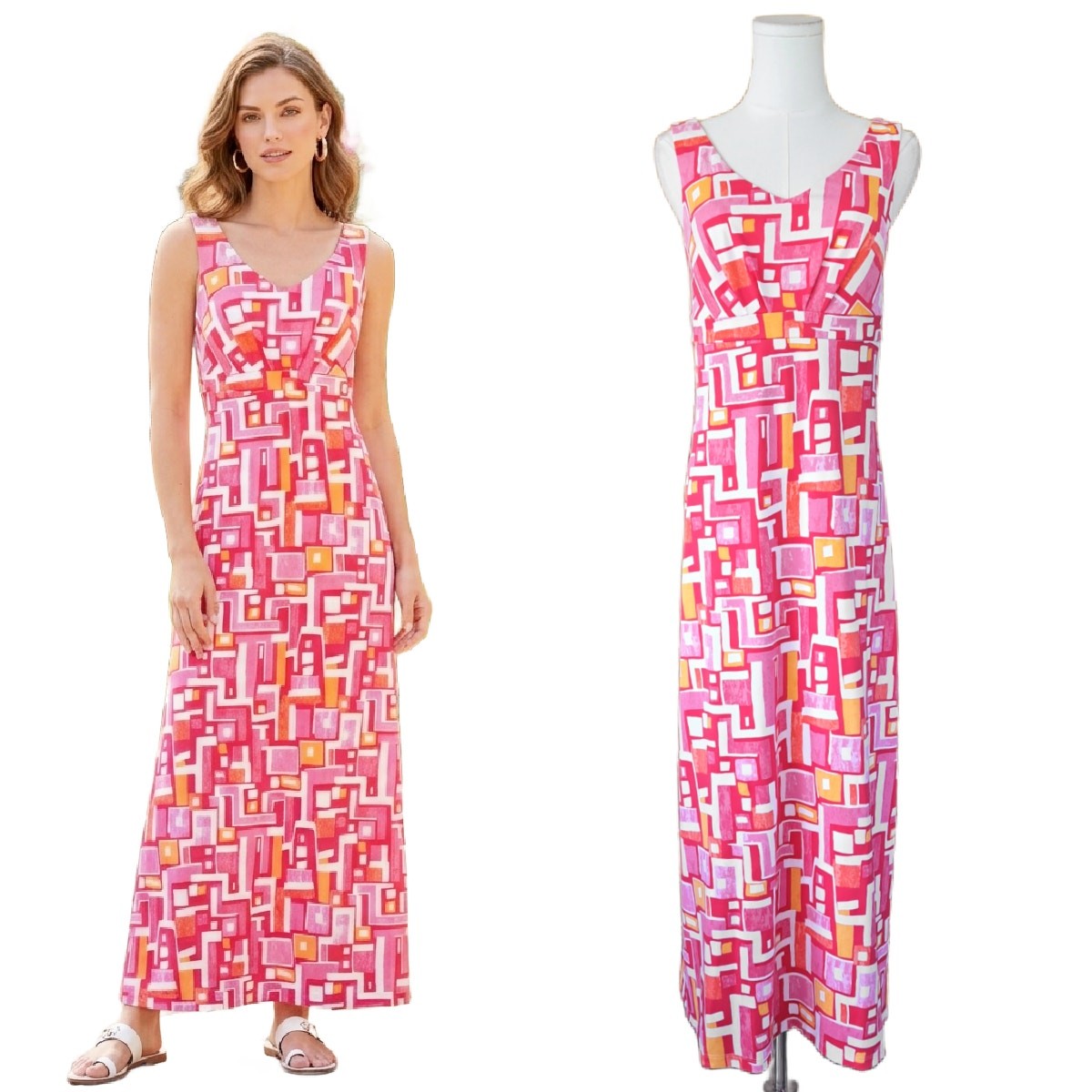 J. McLaughlin Sleeveless A-line Maxi Dress XS Pink Orange Geo Catalina V-Neck