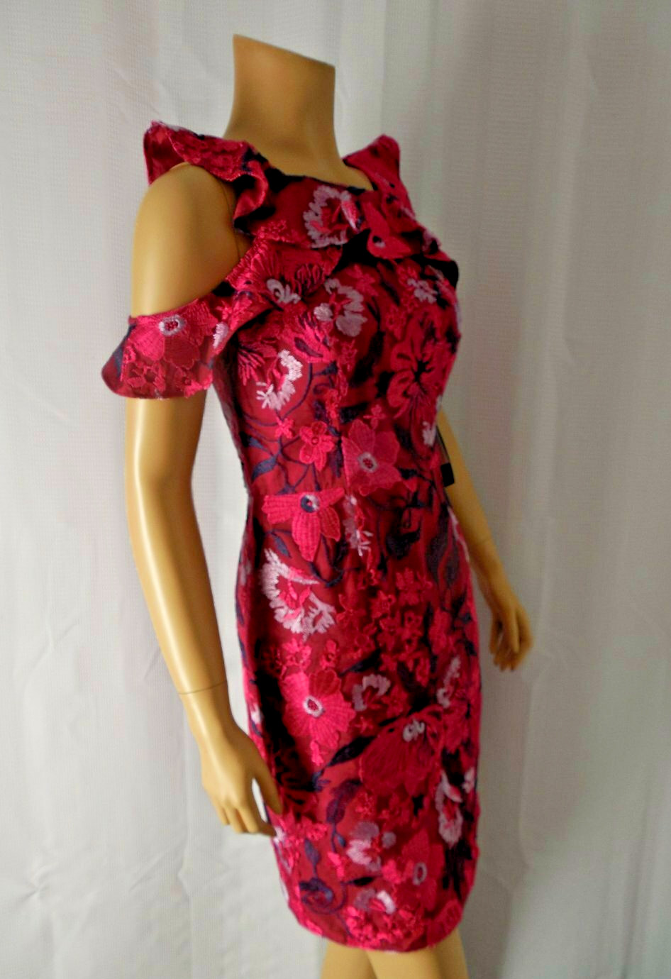 HALSTON Dress size 2 Raspberry red embroidered Party Cocktail ruffles NWT