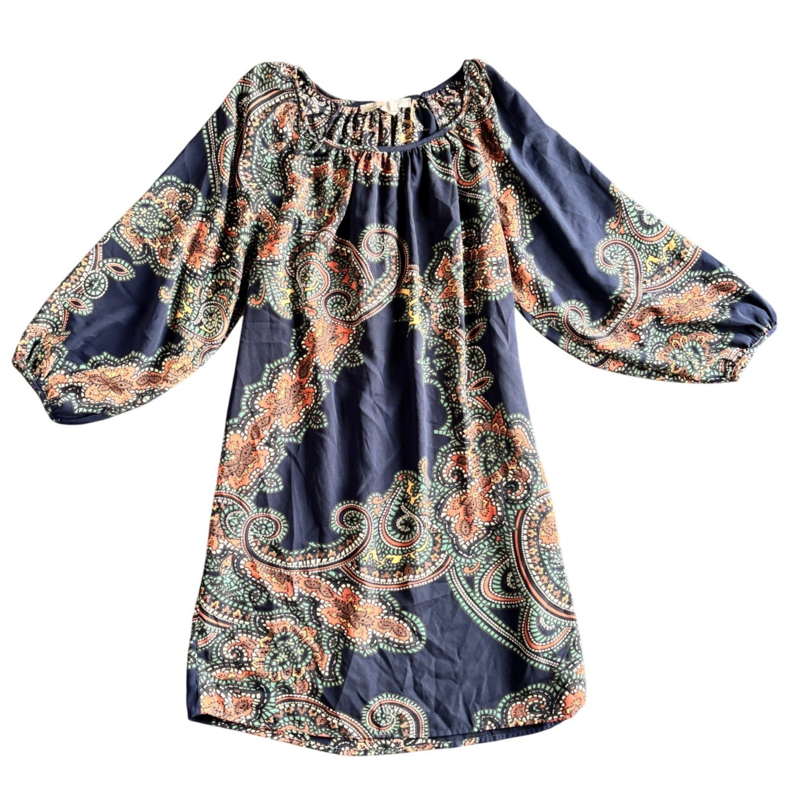 Love21 Paisley Boho Mini Shift Dress Navy Blue Balloon Sleeve Small