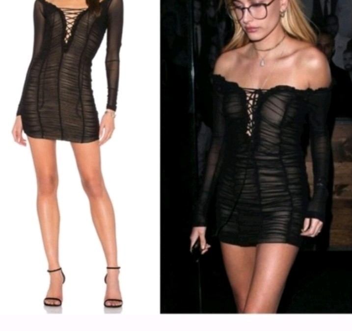 majorelle black mesh ruched bodycon mini dress v-neck lace up long sleeve s