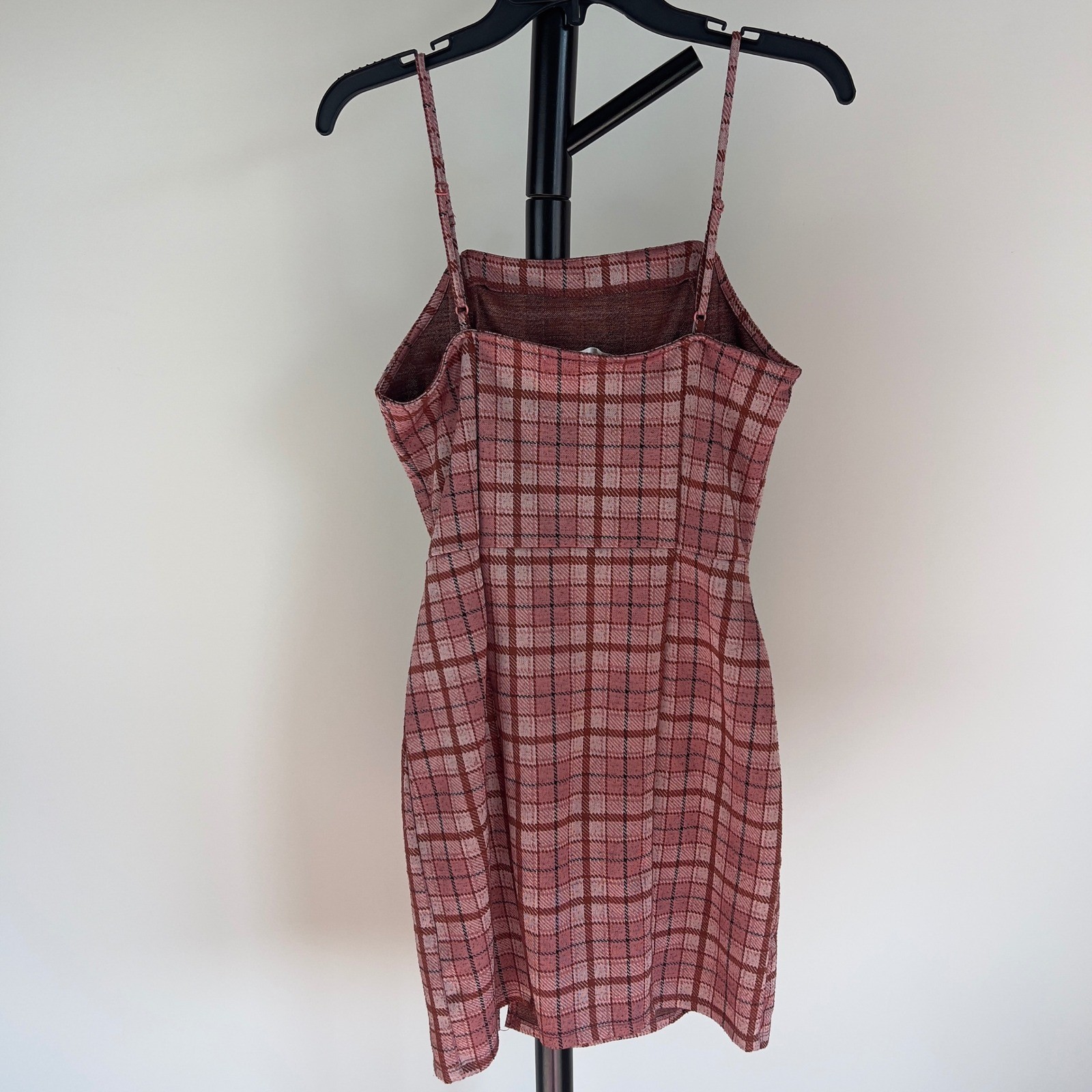 No Comment Pink Plaid Mini Dress Medium NY-LA Adjustable Straps Square Neck Slim