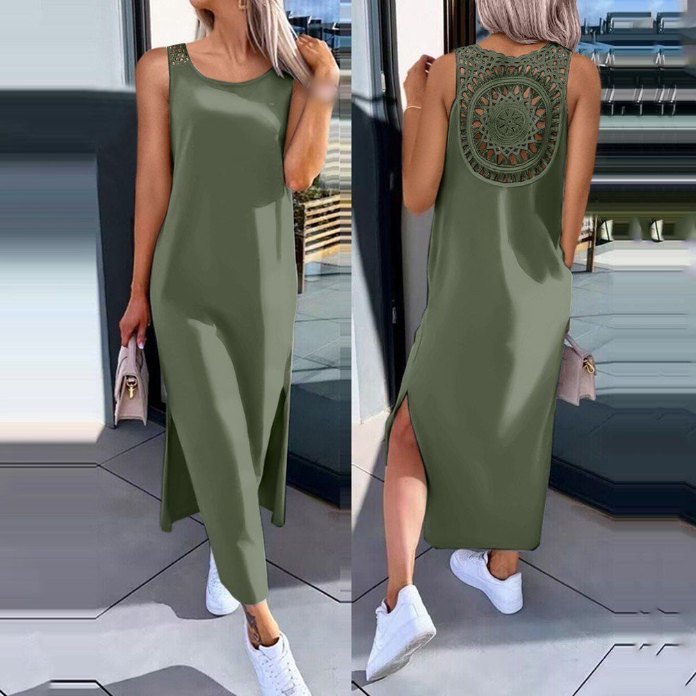 Women’s Openwork Sleeveless Slit Vest Dress Over The Knee