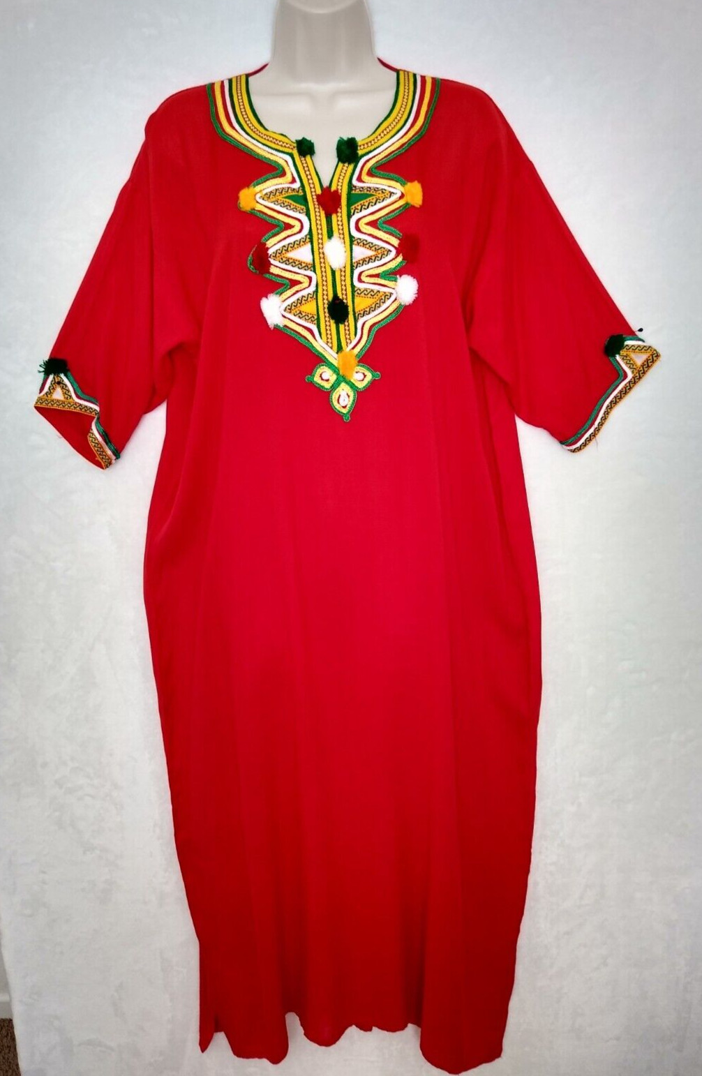 Moroccan Kaftan Gandoura Berber Clothes Handmade Dress Bohemian Red Ribbon Women