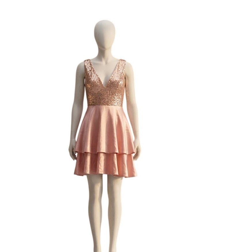 Rose Gold Sequin Satin Tiered Ruffle Mini Dress Pink Party Cocktail Gown Size L