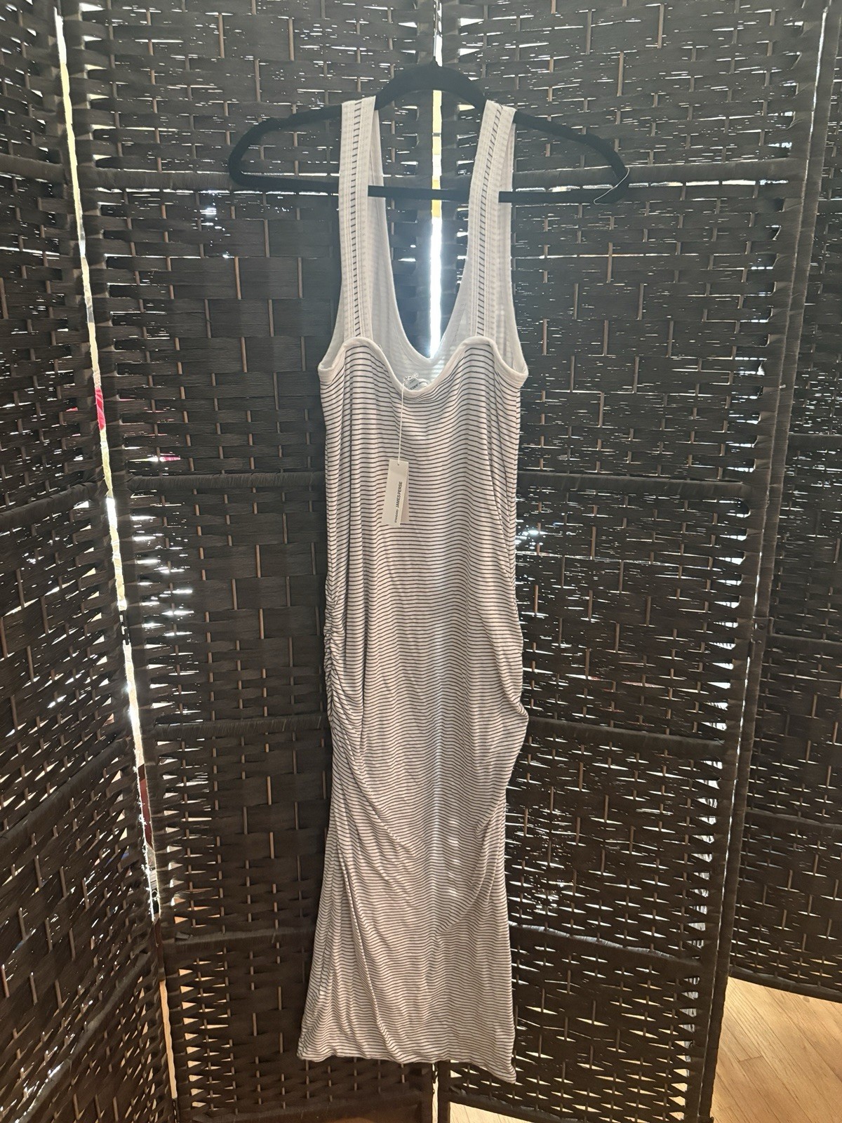 James Perse Standard Black White Stripe Tank Dress Size 4 NWT Ruched Maxi Midi