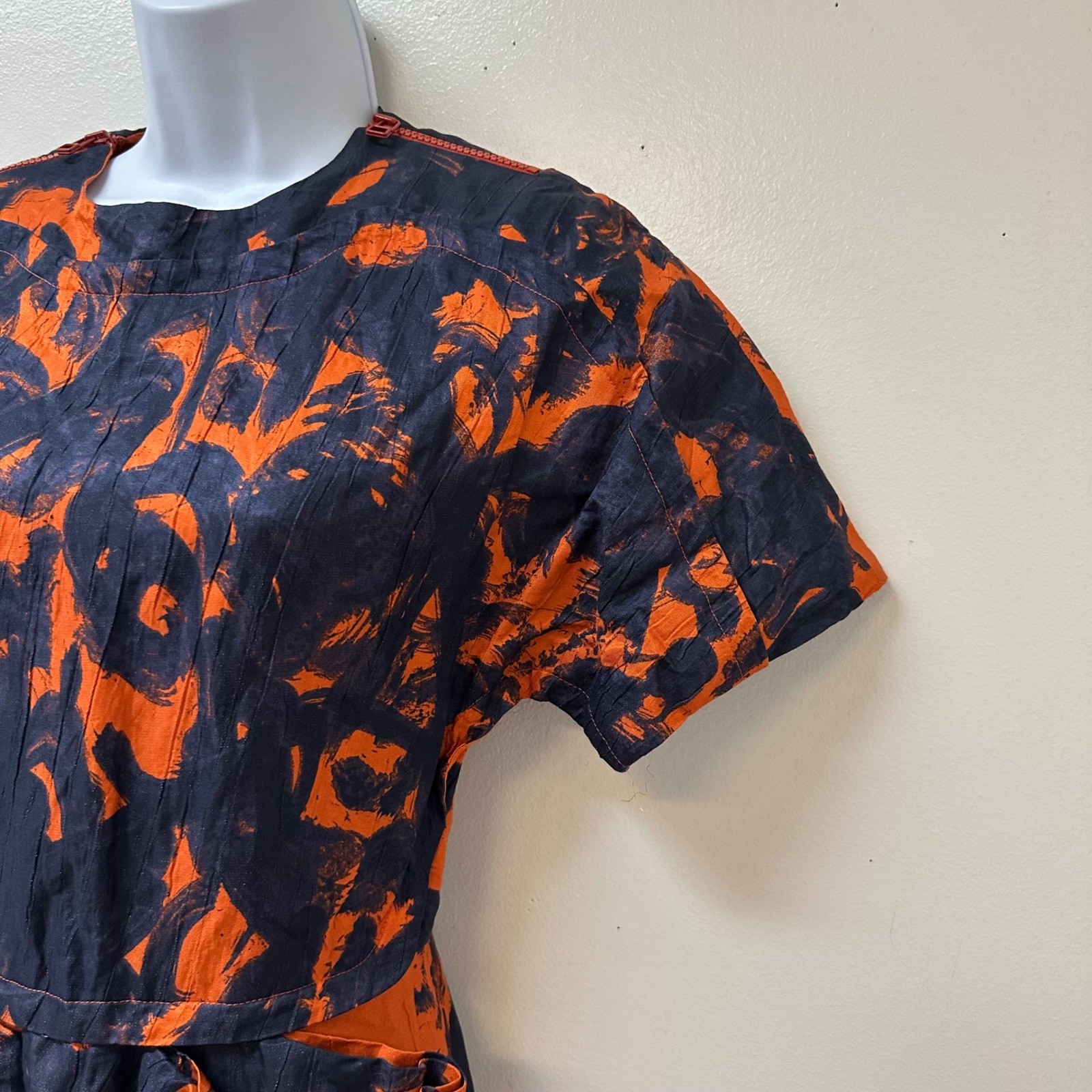Cacharel Navy Orange Abstract Metallic Tulip Skirt Dress Aeffe Spa USA 4
