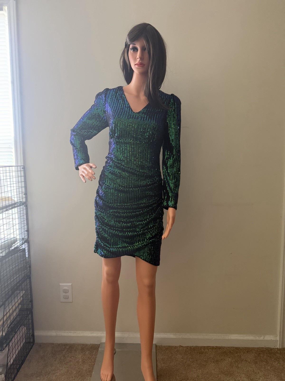 Women’s Size M Medium Kacy Kole Mardi Gras Green Blue Sequin Dress