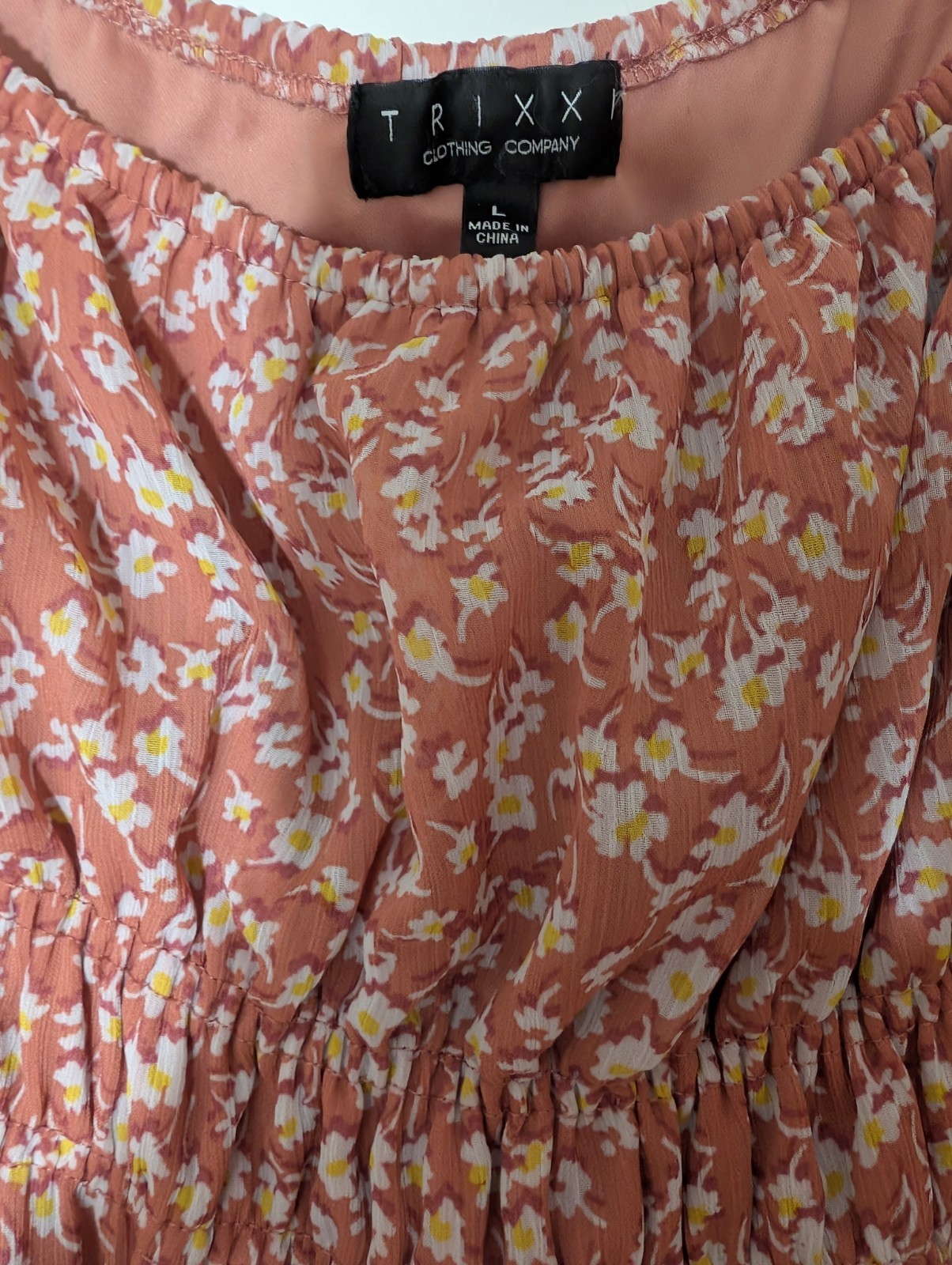 Trixxi Floral Smocked Puff Sleeve Square Neck Mini Dress Pink/Peach Size Large